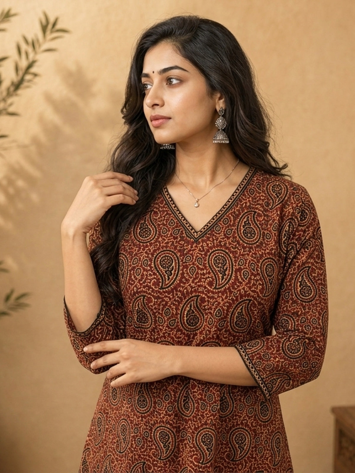 Dussehra Sale — Elegant Deep Maroon Ajrakh Printed A-line Cotton Kurta