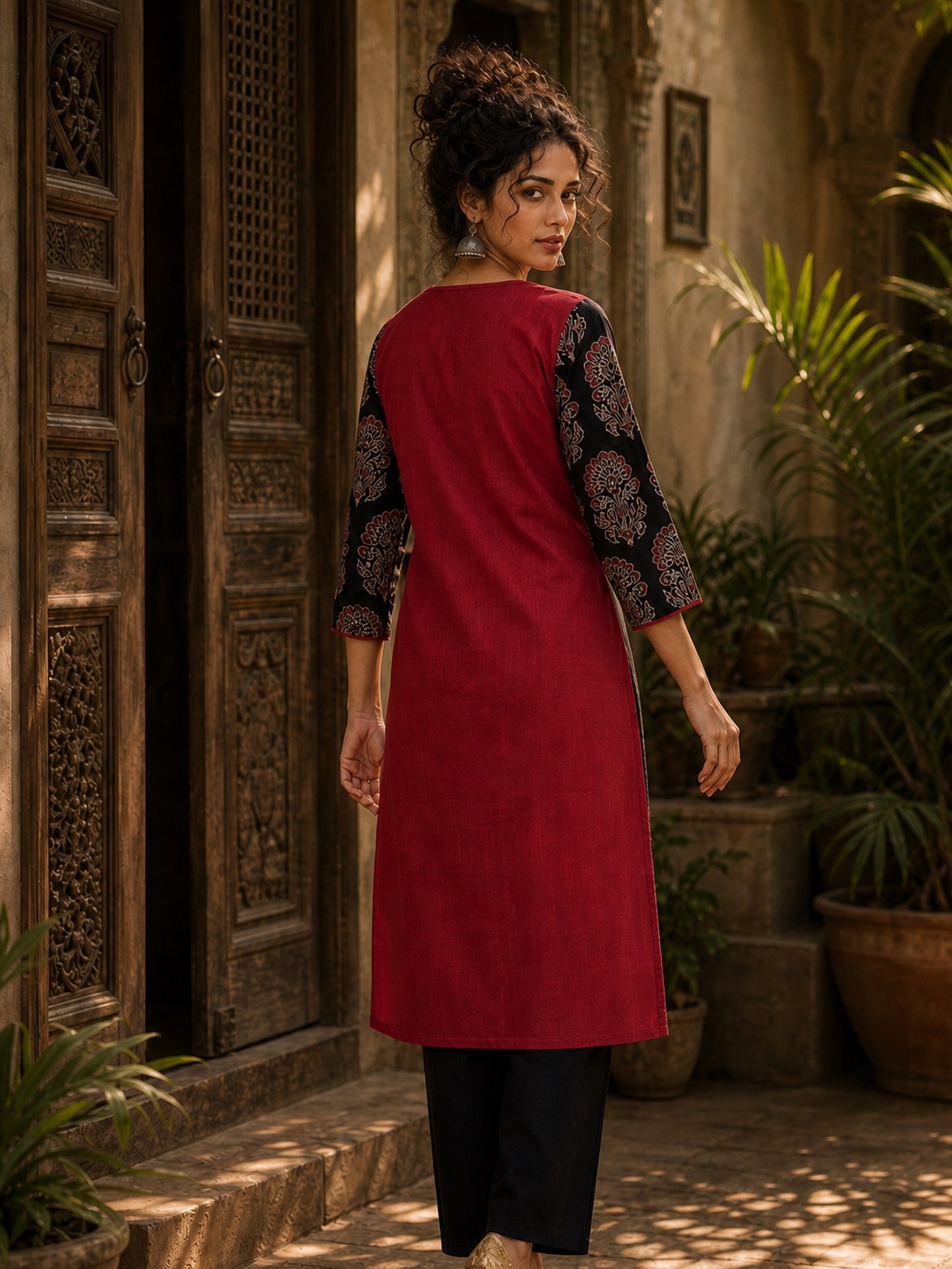 Striking Maroon Cotton Kurta with Contrasting Ajrakh Floral Print Wrap Panel