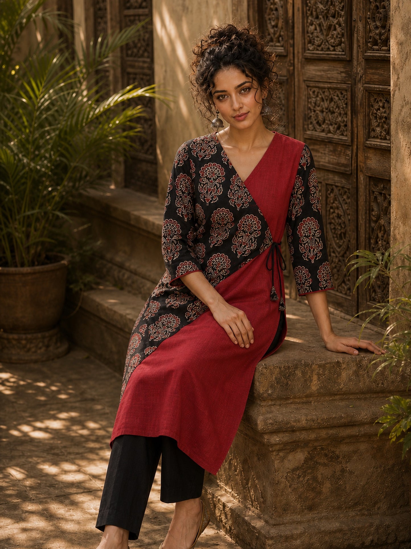 Striking Maroon Cotton Kurta with Contrasting Ajrakh Floral Print Wrap Panel
