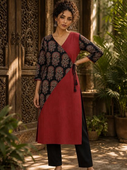 Striking Maroon Cotton Kurta with Contrasting Ajrakh Floral Print Wrap Panel