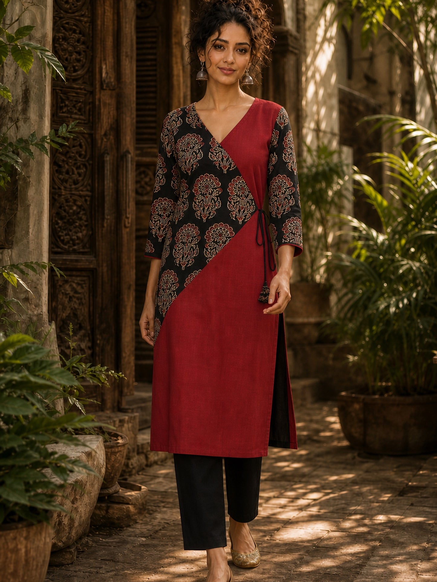 Striking Maroon Cotton Kurta with Contrasting Ajrakh Floral Print Wrap Panel