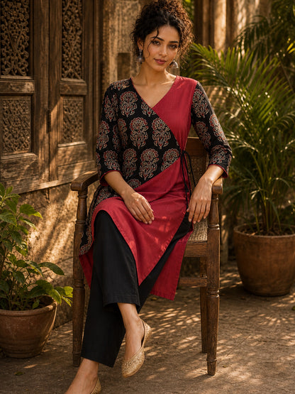 Striking Maroon Cotton Kurta with Contrasting Ajrakh Floral Print Wrap Panel