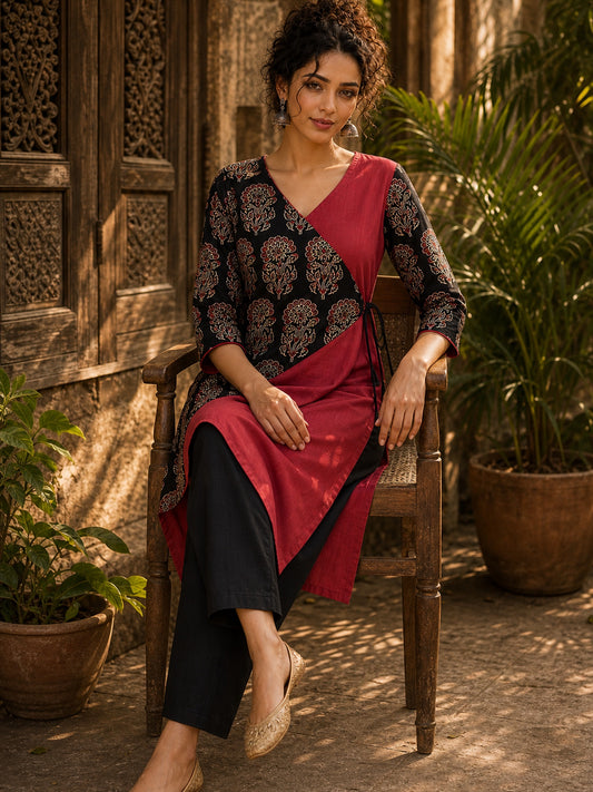 Striking Maroon Cotton Kurta with Contrasting Ajrakh Floral Print Wrap Panel