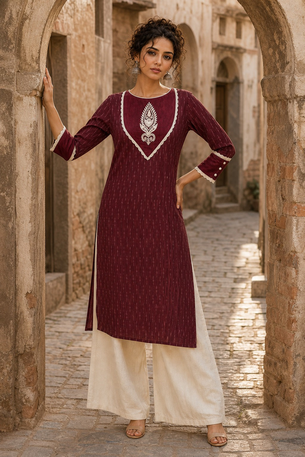 Timeless Maroon Ikat Woven Kurta with Tonal V-Yoke & White Paisley Embroidery & Lace Trim