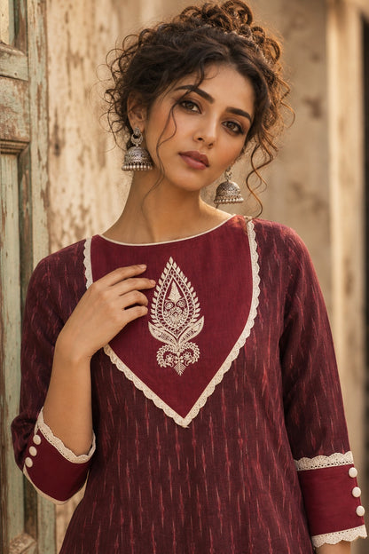 Timeless Maroon Ikat Woven Kurta with Tonal V-Yoke & White Paisley Embroidery & Lace Trim