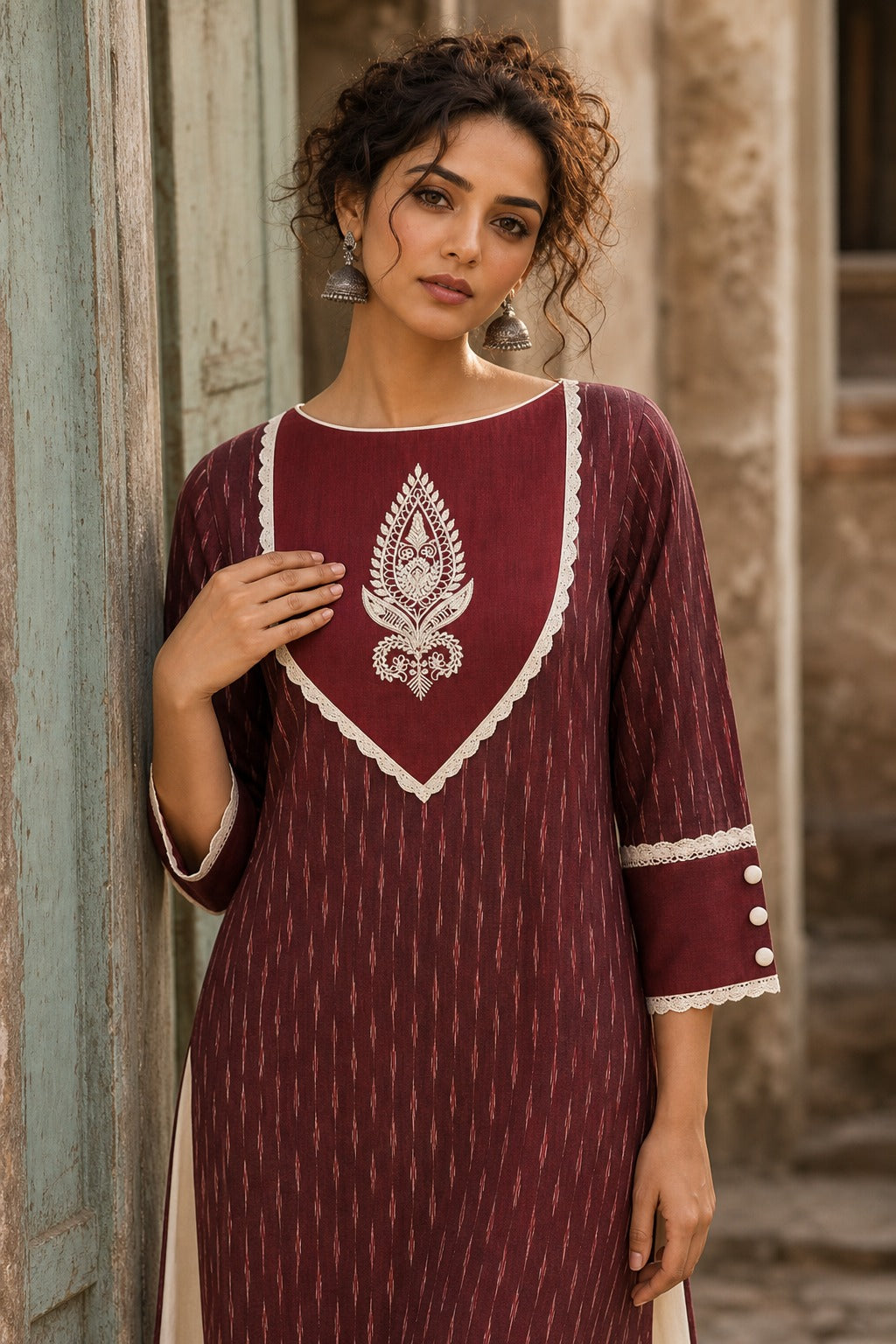 Timeless Maroon Ikat Woven Kurta with Tonal V-Yoke & White Paisley Embroidery & Lace Trim