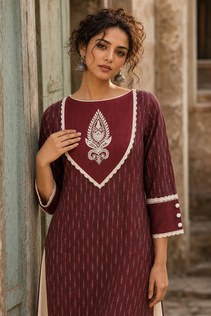 Timeless Maroon Ikat Woven Kurta with Tonal V-Yoke & White Paisley Embroidery & Lace Trim