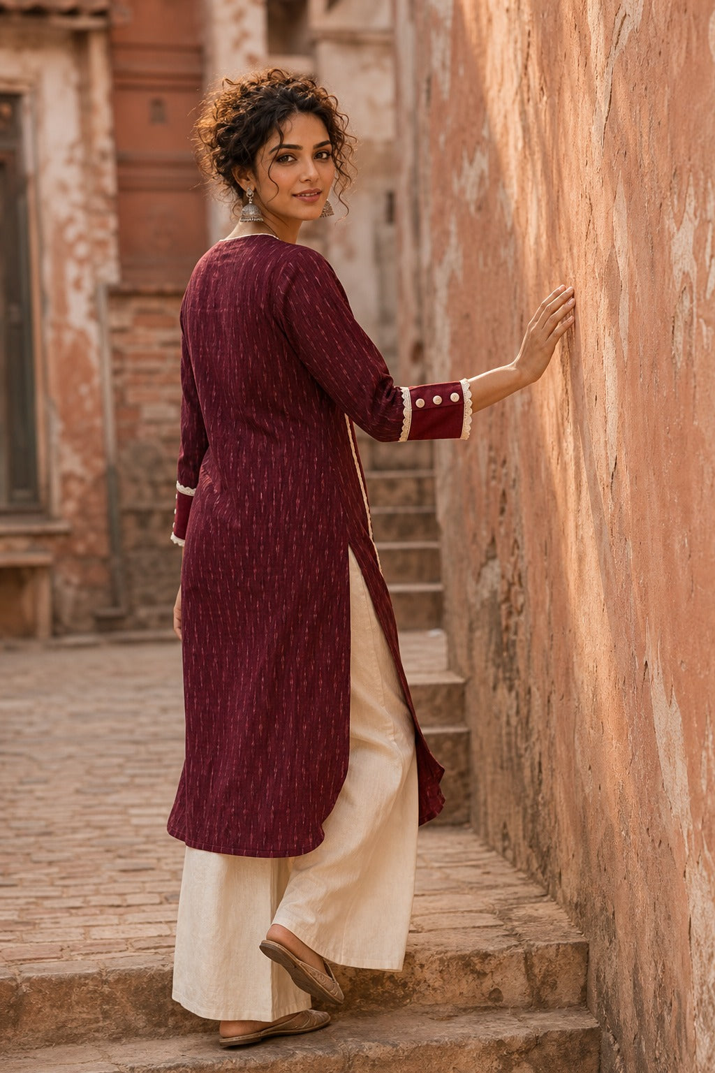 Timeless Maroon Ikat Woven Kurta with Tonal V-Yoke & White Paisley Embroidery & Lace Trim