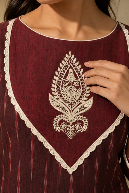 Timeless Maroon Ikat Woven Kurta with Tonal V-Yoke & White Paisley Embroidery & Lace Trim