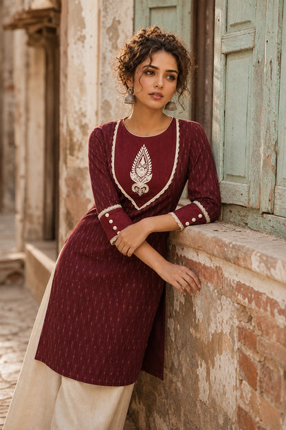 Timeless Maroon Ikat Woven Kurta with Tonal V-Yoke & White Paisley Embroidery & Lace Trim