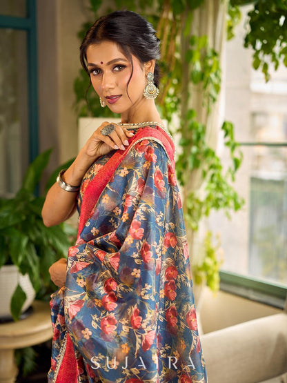 Classic Navy Saree Featuring Digital Rose Floral Print & Vibrant Red Tissue Contrast Border & Gold Trim