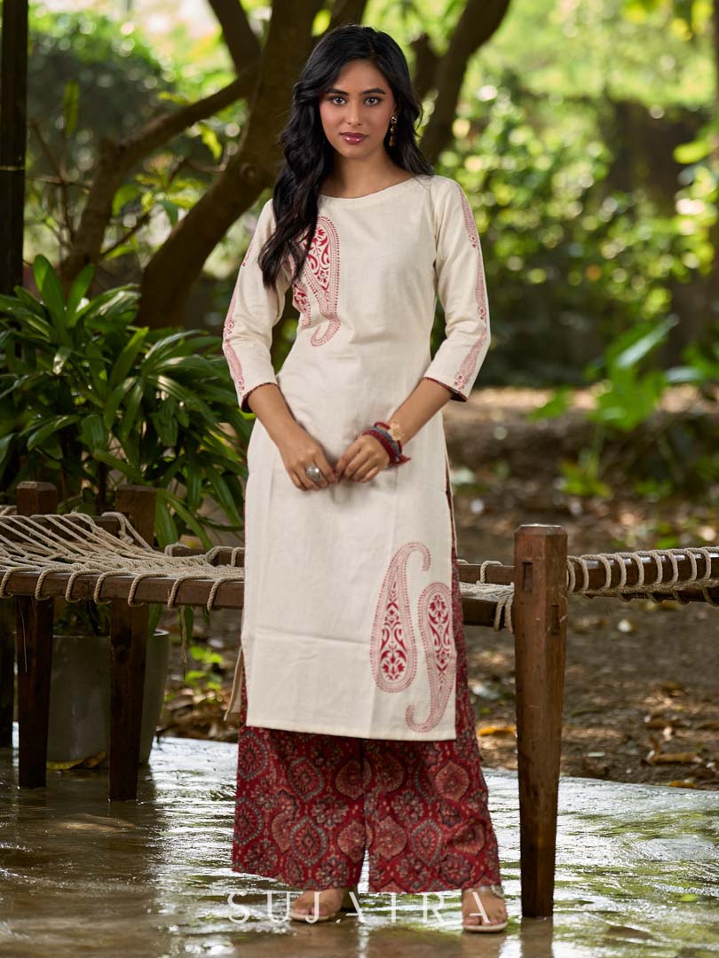Classic Ivory Cotton Kurta with Traditional Paisley Hand Block Motifs
