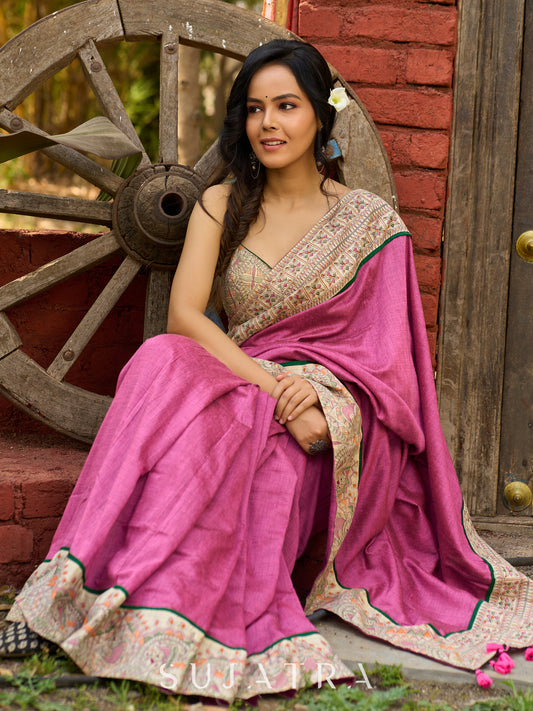 Orchid pink cotton saree with Madhubani border and vibrant tassels