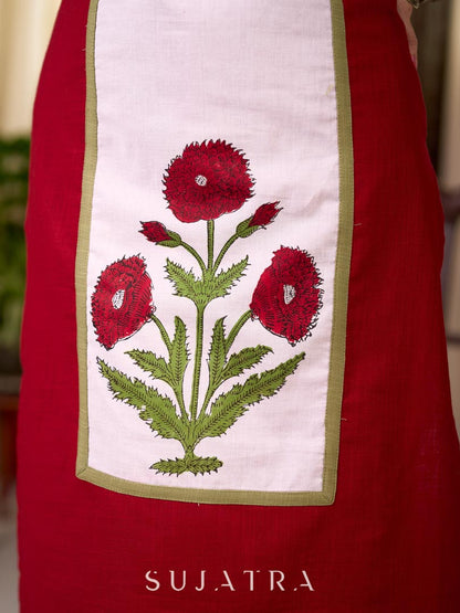 Crimson Cotton Straight Kurta with White Floral Panel and Olive Trim Detail