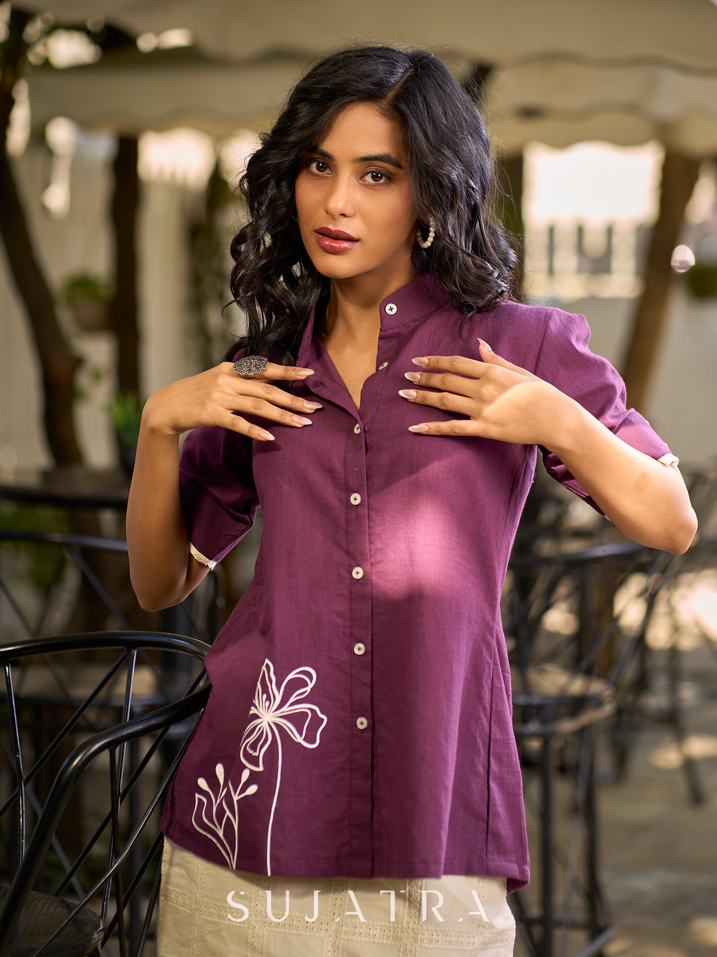 Purple Cotton Shirt Accented with Artful Hand-Painted Motif