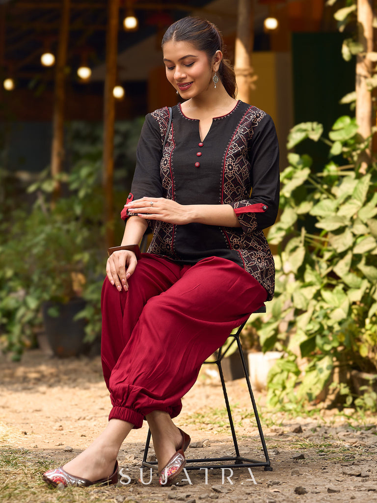 Chic Black Cotton Top Adorned With Geometric Ajrakh Panels And Artistic Hand Painted Highlights