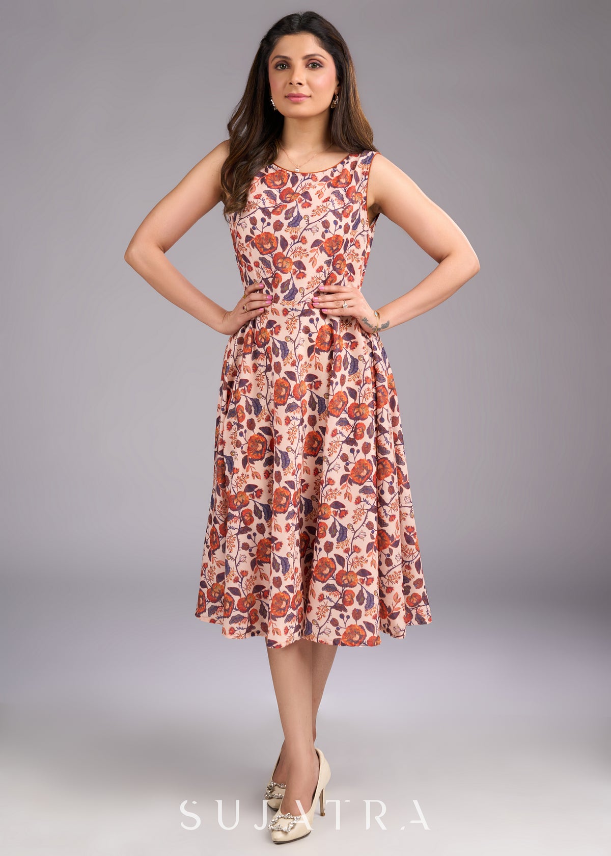 Floral Fantasy Flared Sleeveless Beige Dress - Embroidered jacket Optional