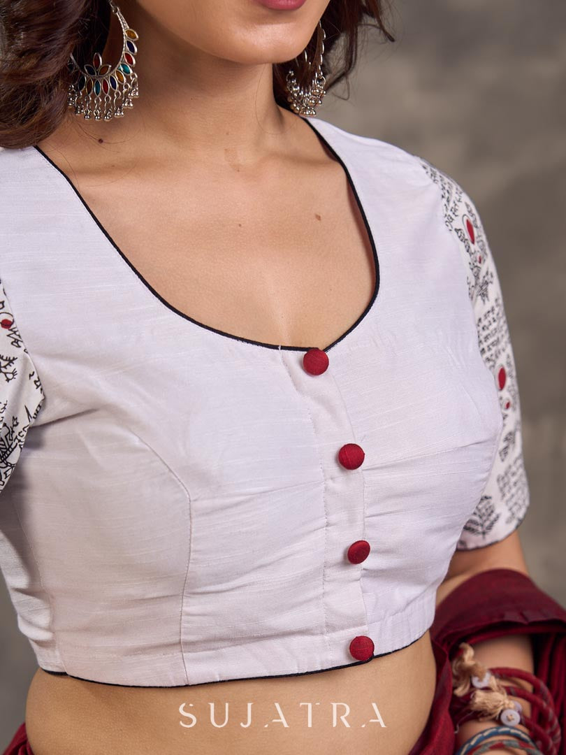 White Cotton Silk Blouse with Printed Sleeve & Red Button Front