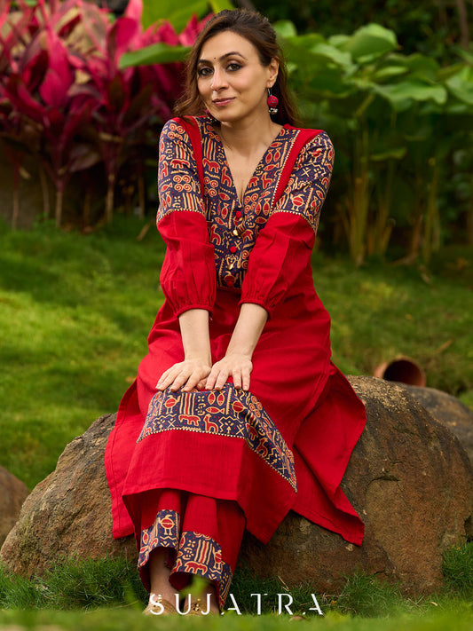 Red Cotton Kurta with Traditional Fish Print Motifs and Gold Accents