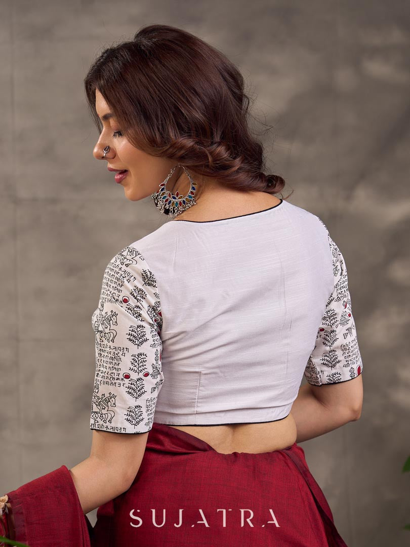 White Cotton Silk Blouse with Printed Sleeve & Red Button Front