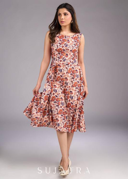 Floral Fantasy Flared Sleeveless Beige Cotton Dress - Embroidered jacket Optional