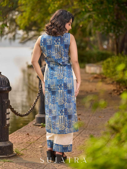 Indigo Abstract Printed Kurta with Side Cut Panels, Hakoba Inserts and Pearl Embellishments