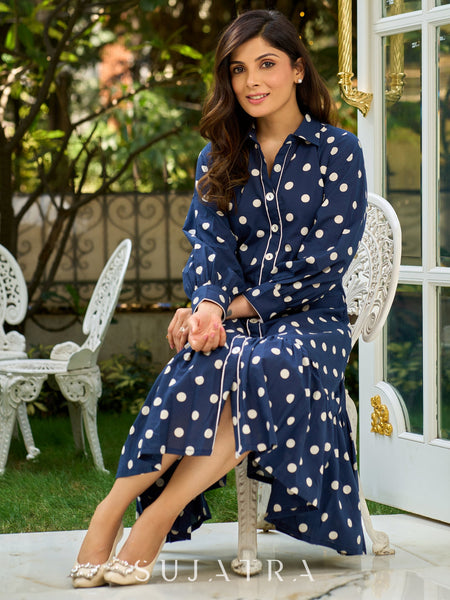 Playful Blue Polka-Dot Shirt Dress with Gathered Silhouette and Statement Shell Button Accents
