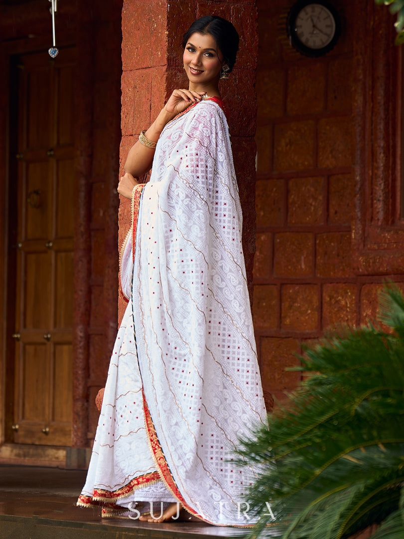 Refined White Georgette Chikankari Saree with Red-Gold Benarasi Border & Hand Embroidered Pallu