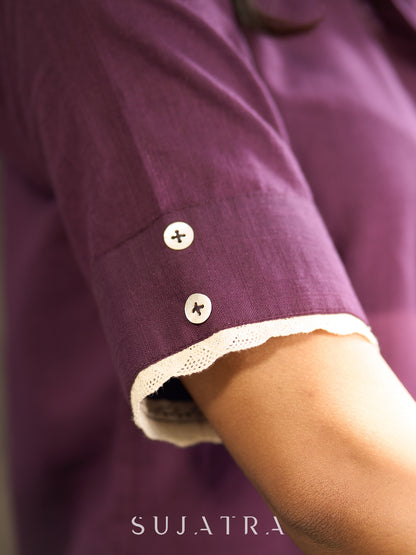Purple Cotton Shirt Accented with Artful Hand-Painted Motif