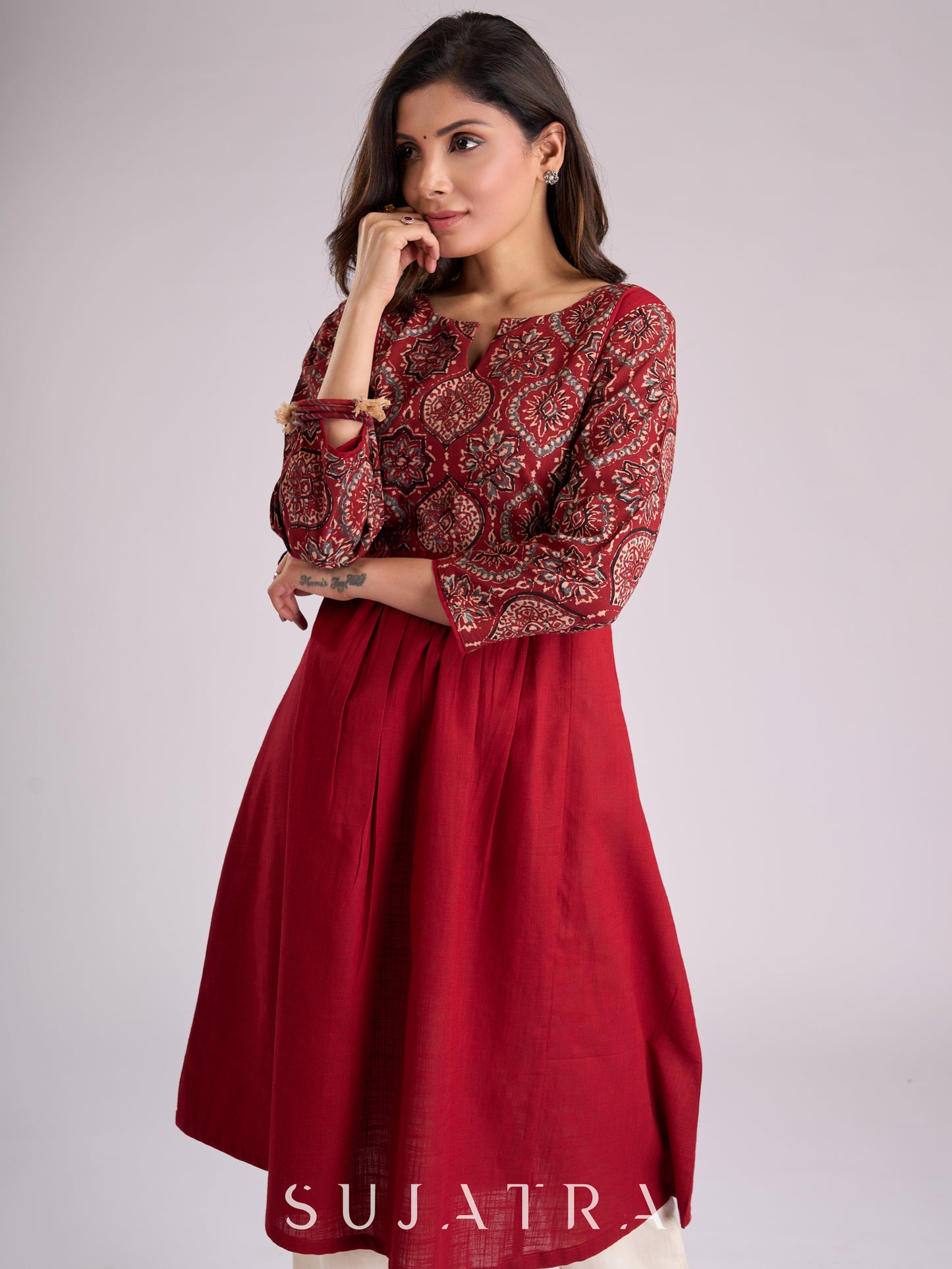 Graceful Gathered Maroon Cotton Kurta with Ajrakh Yoke, Sleeves & Intricate Kantha Handwork