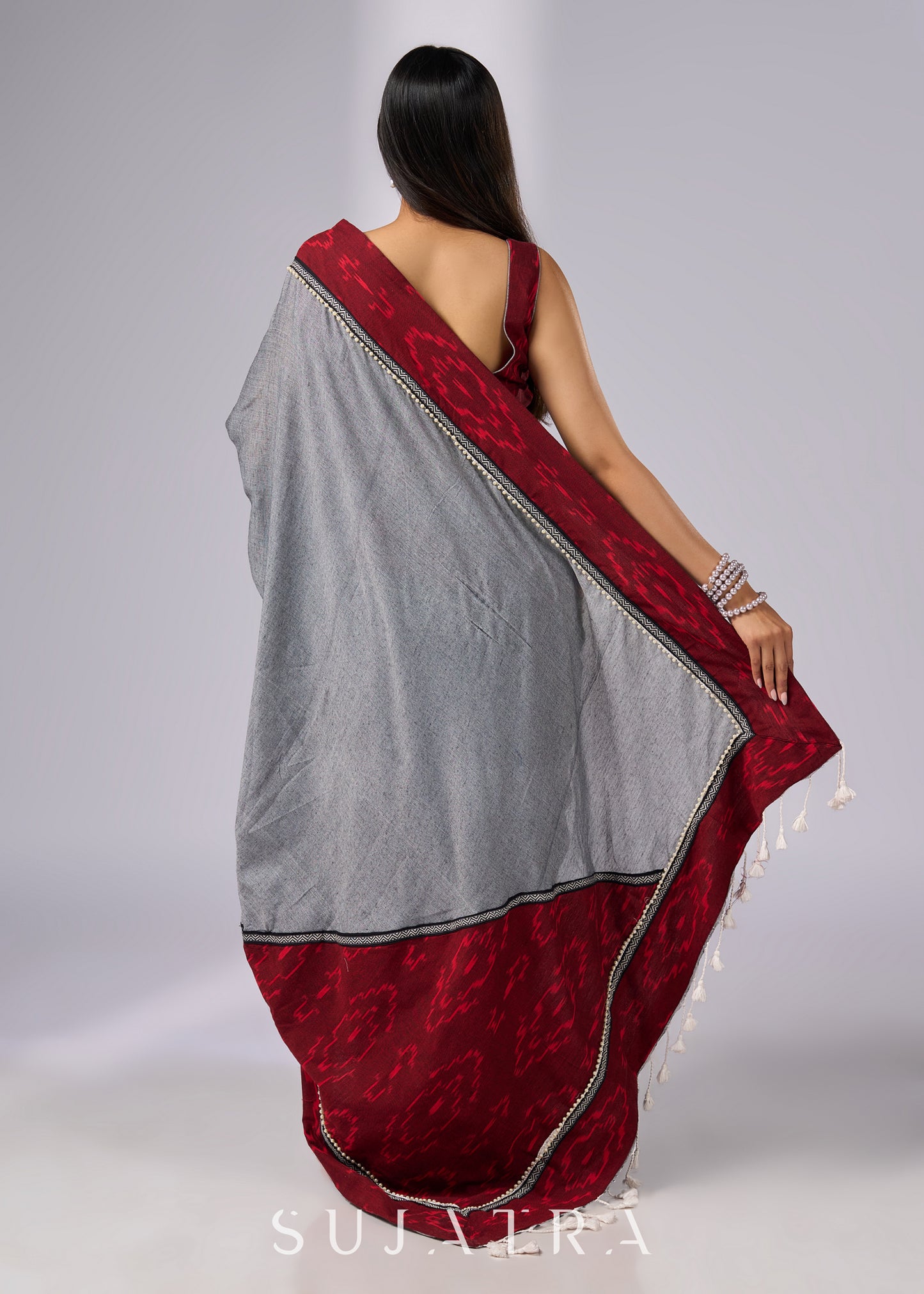 Elegant grey cotton saree with maroon Ikat borders