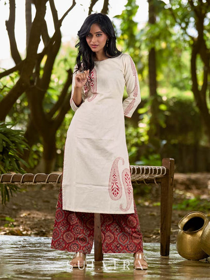 Classic Ivory Cotton Kurta with Traditional Paisley Hand Block Motifs