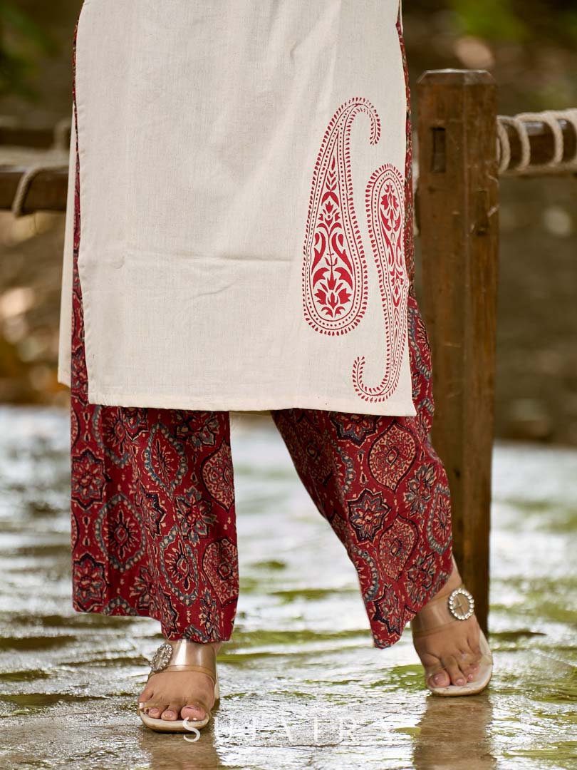 Classic Ivory Cotton Kurta with Traditional Paisley Hand Block Motifs
