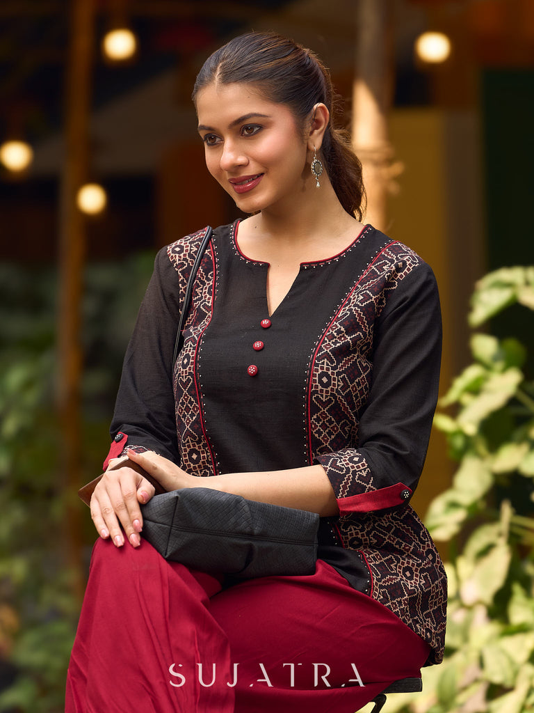 Chic Black Cotton Top Adorned With Geometric Ajrakh Panels And Artistic Hand Painted Highlights