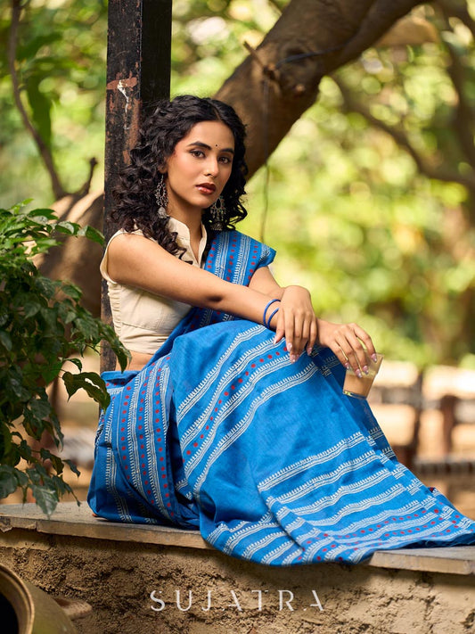 Classic Blue Cotton Saree with Traditional Hand Block Printed Border