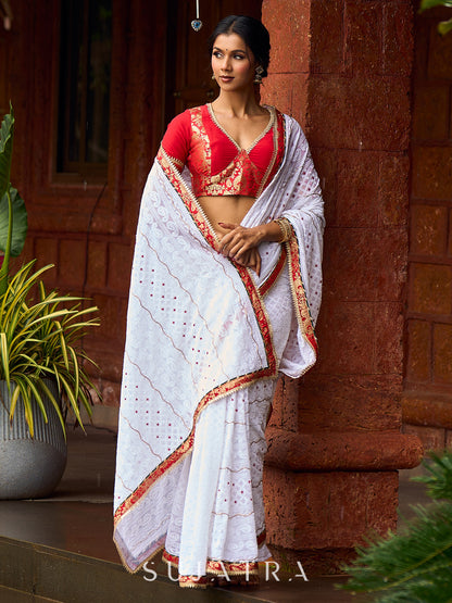Refined White Georgette Chikankari Saree with Red-Gold Benarasi Border & Hand Embroidered Pallu
