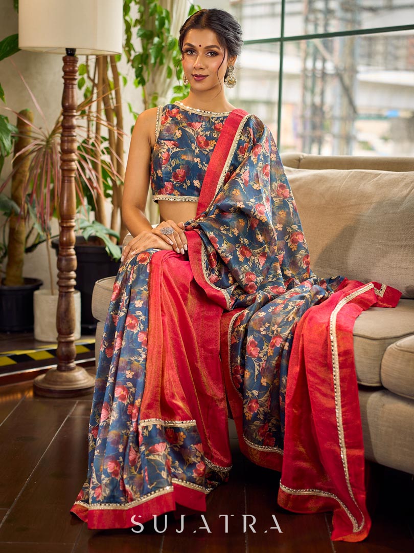 Classic Navy Saree Featuring Digital Rose Floral Print & Vibrant Red Tissue Contrast Border & Gold Trim