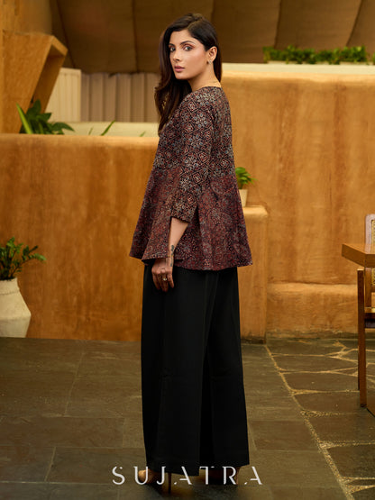 Boho Black Ajrakh Flared Cotton Top with Delicate Embellishments