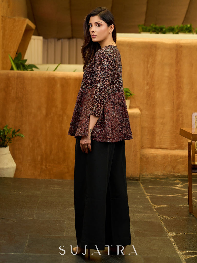 Boho Black Ajrakh Flared Cotton Top with Delicate Embellishments