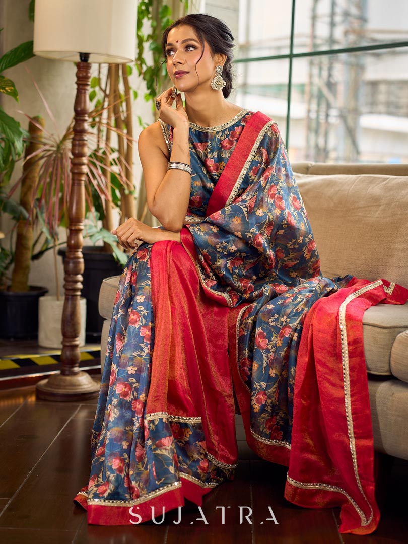 Classic Navy Saree Featuring Digital Rose Floral Print & Vibrant Red Tissue Contrast Border & Gold Trim