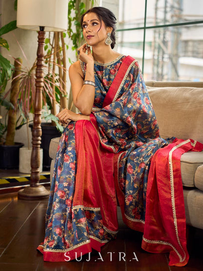Classic Navy Saree Featuring Digital Rose Floral Print & Vibrant Red Tissue Contrast Border & Gold Trim