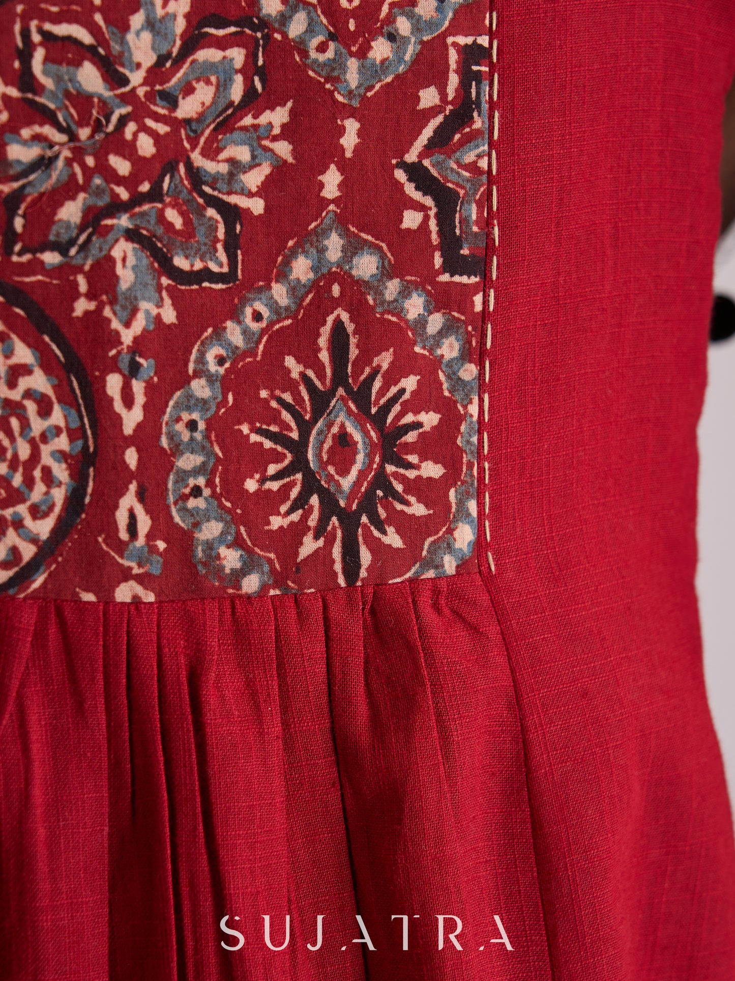 Graceful Gathered Maroon Cotton Kurta with Ajrakh Yoke, Sleeves & Intricate Kantha Handwork