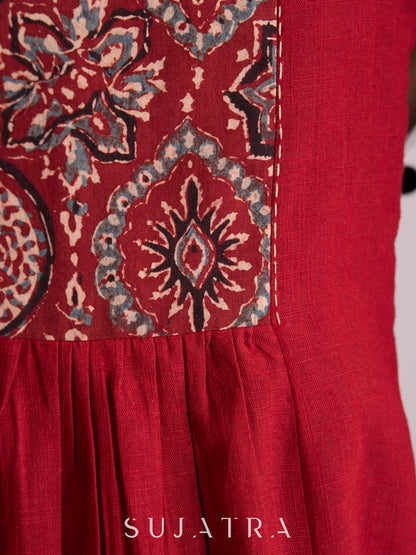 Graceful Gathered Maroon Cotton Kurta with Ajrakh Yoke, Sleeves & Intricate Kantha Handwork