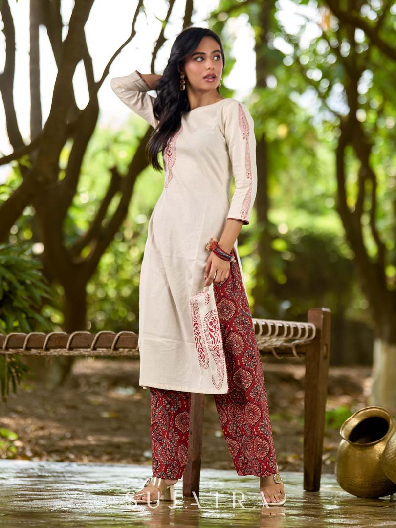Classic Ivory Cotton Kurta with Traditional Paisley Hand Block Motifs
