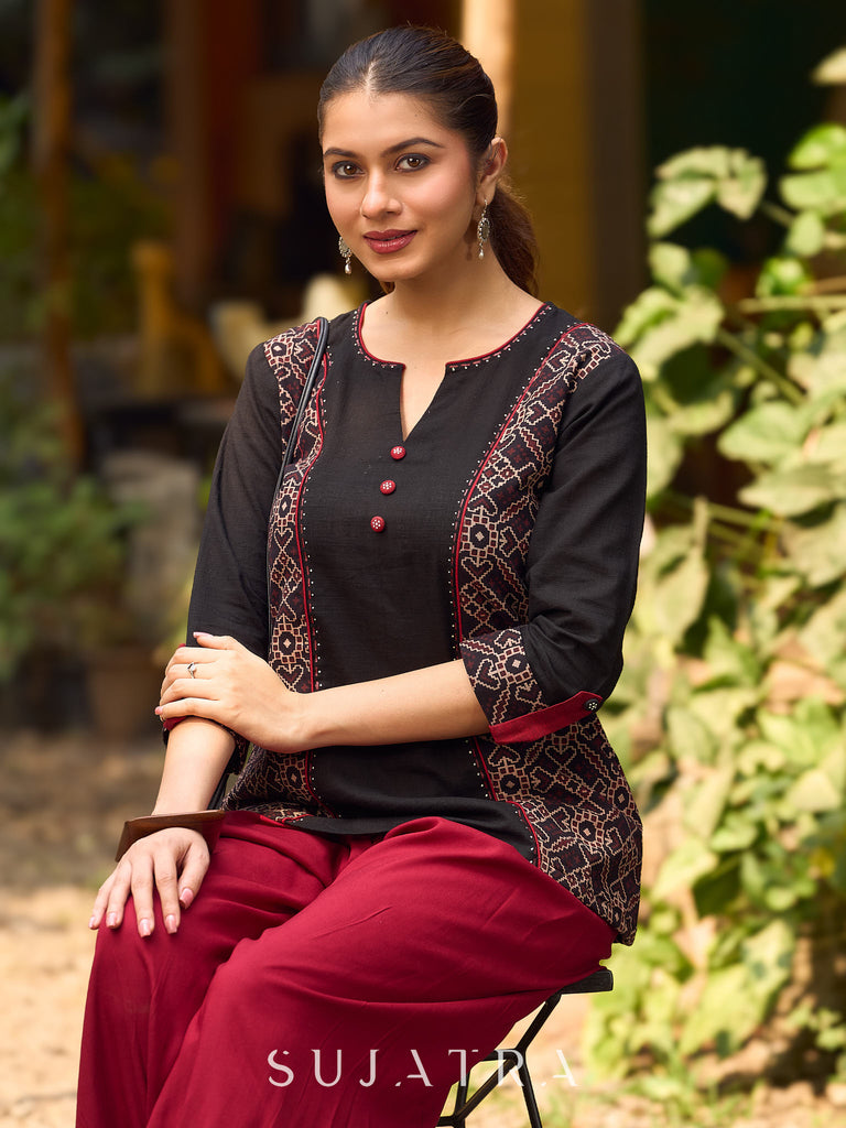 Chic Black Cotton Top Adorned With Geometric Ajrakh Panels And Artistic Hand Painted Highlights