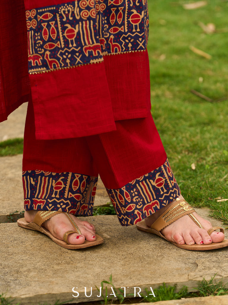 Red Cotton Kurta with Traditional Fish Print Motifs and Gold Accents