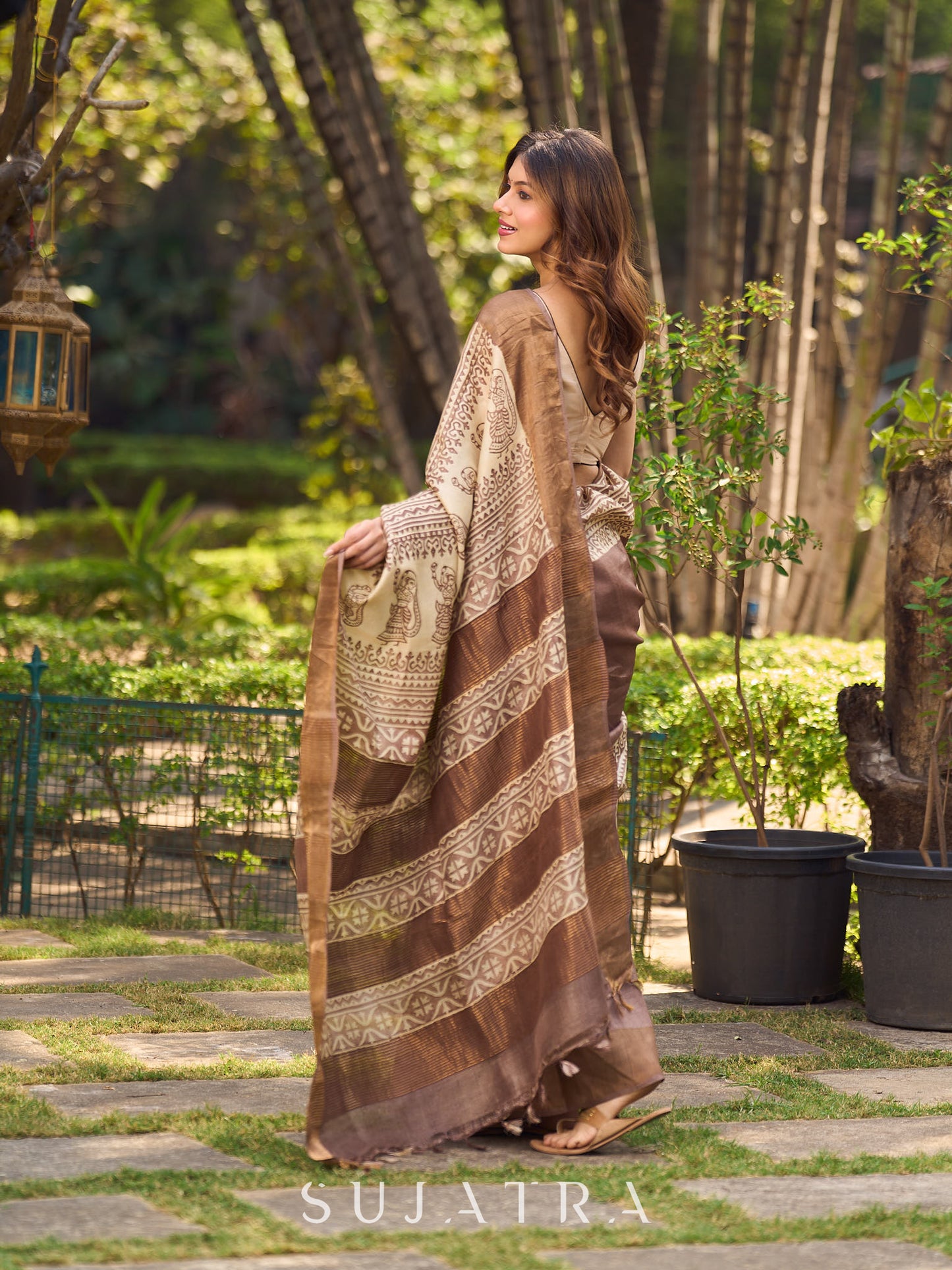 Elegant Earthy Pure Tussar Silk Block Print Saree featuring Heritage Prints and Natural Tones