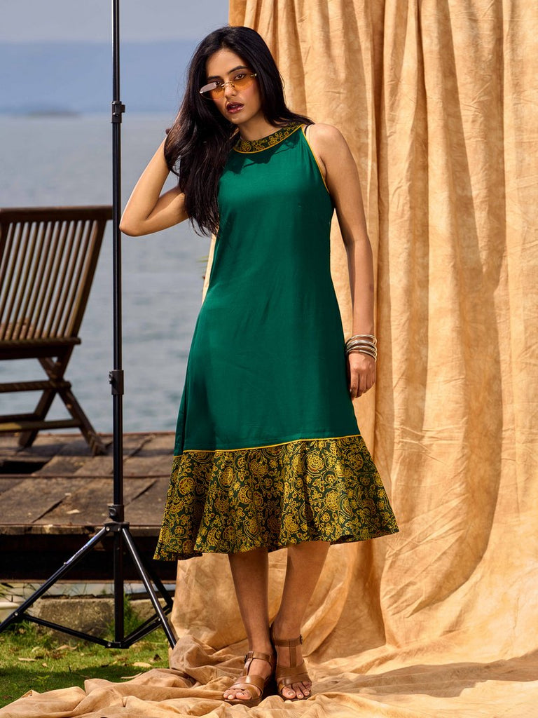 Classic Emerald Flared Rayon Dress With Ajrakh Highlights