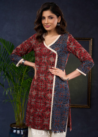 Beautiful Ajrakh Combination Tunic With Lace Highlights In Modern Silhouette, -Pant Optional
