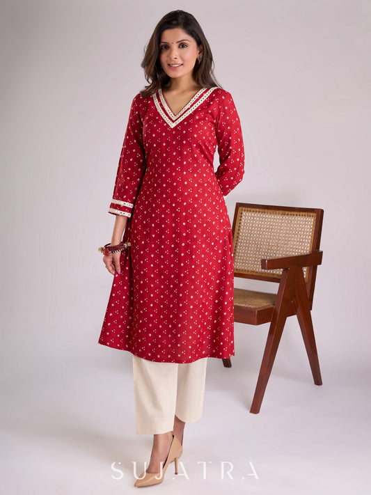 Radiant Red Bandhani Viscose Kurta with Mirror Adorned Neckline & Sleeves